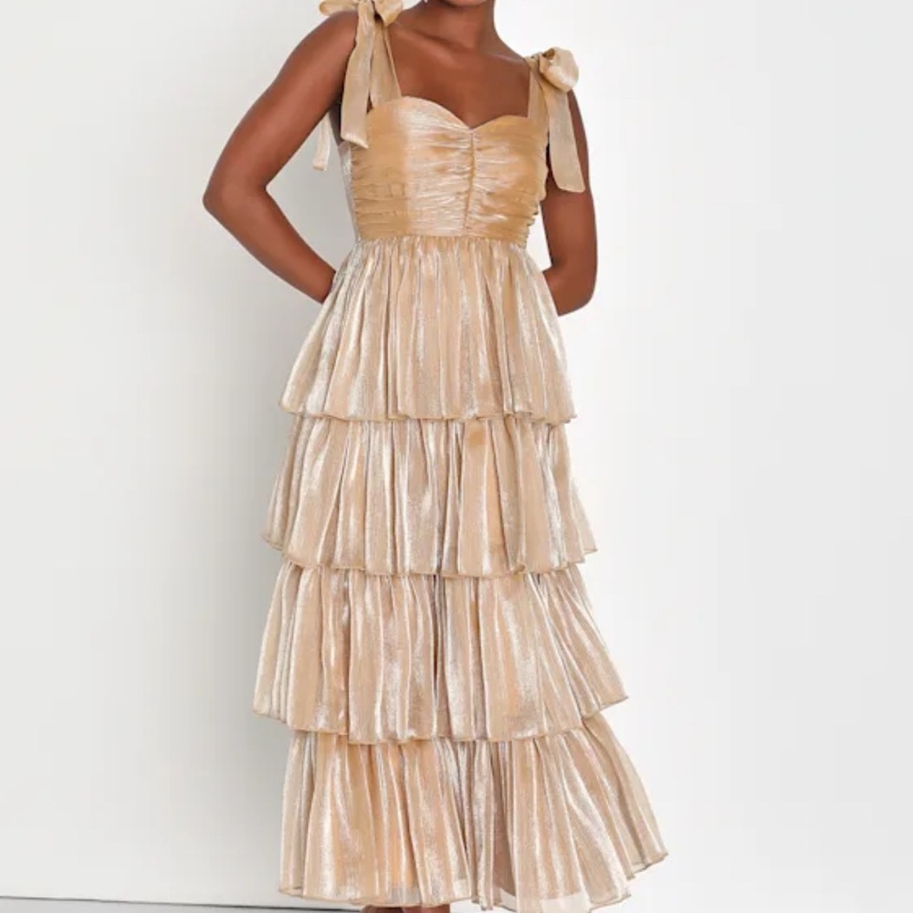 Lulus NWT Radiant Arrival Shiny Gold Organza Tiered Tie-Strap Formal Dress Sz S